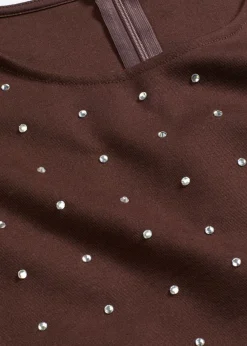 bonprix bonprix Camiseta de manga larga con aplicación de piedras brillantes Marrón oscuro Sale