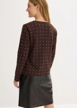 bonprix bonprix Camiseta de manga larga con aplicación de piedras brillantes Marrón oscuro Sale