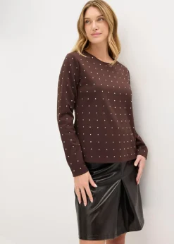 bonprix bonprix Camiseta de manga larga con aplicación de piedras brillantes Marrón oscuro Sale