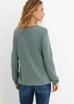 bonprix bonprix Camiseta de manga larga con elástico de algodón puro Verde eucalipto Discount