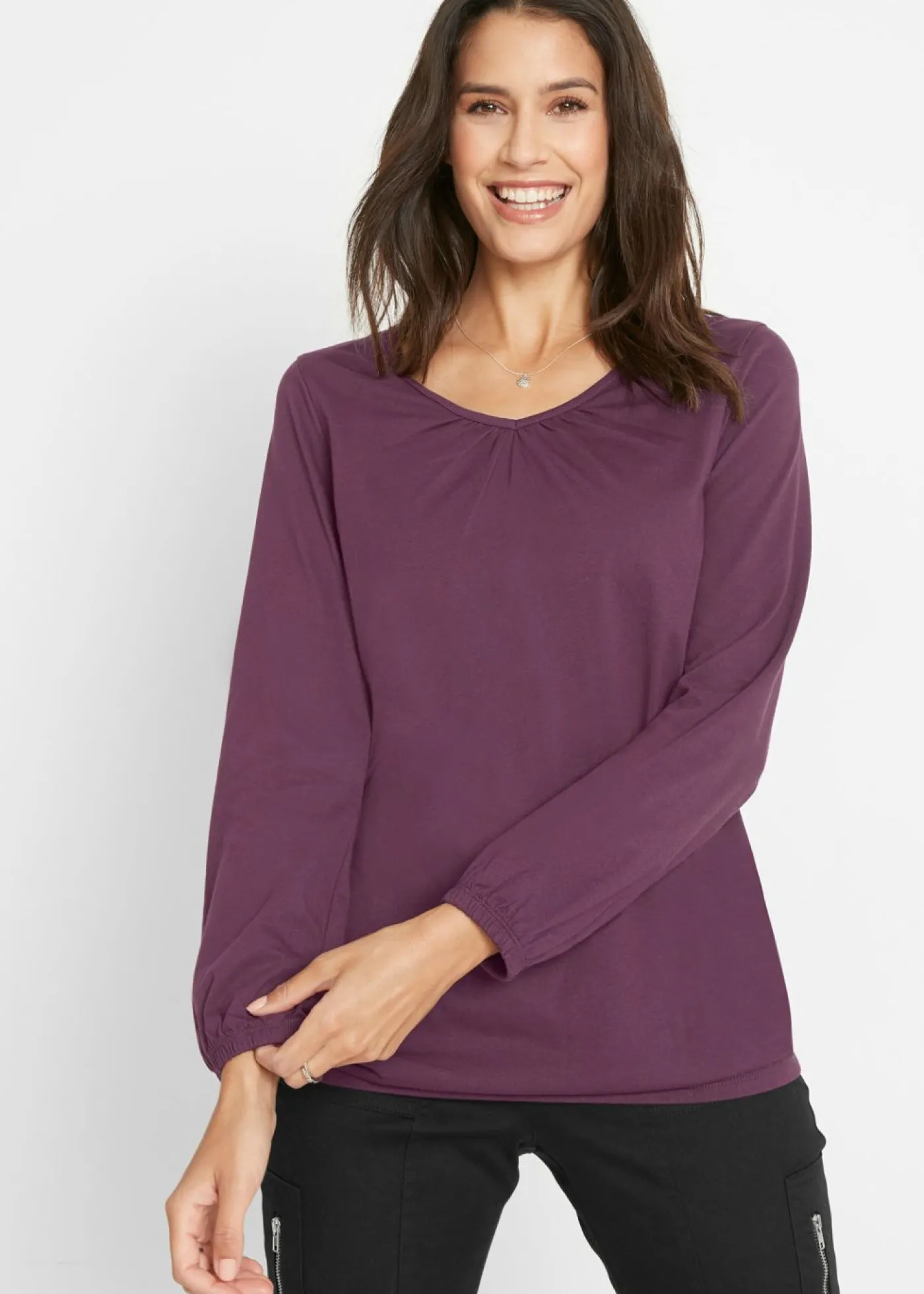 bonprix bonprix Camiseta de manga larga con elástico de algodón puro morado intenso Discount