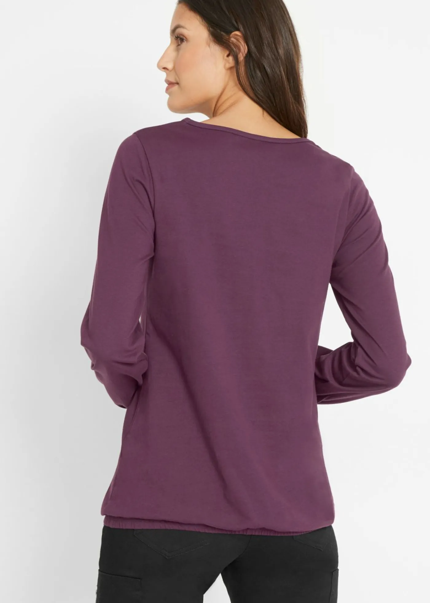 bonprix bonprix Camiseta de manga larga con elástico de algodón puro morado intenso Discount