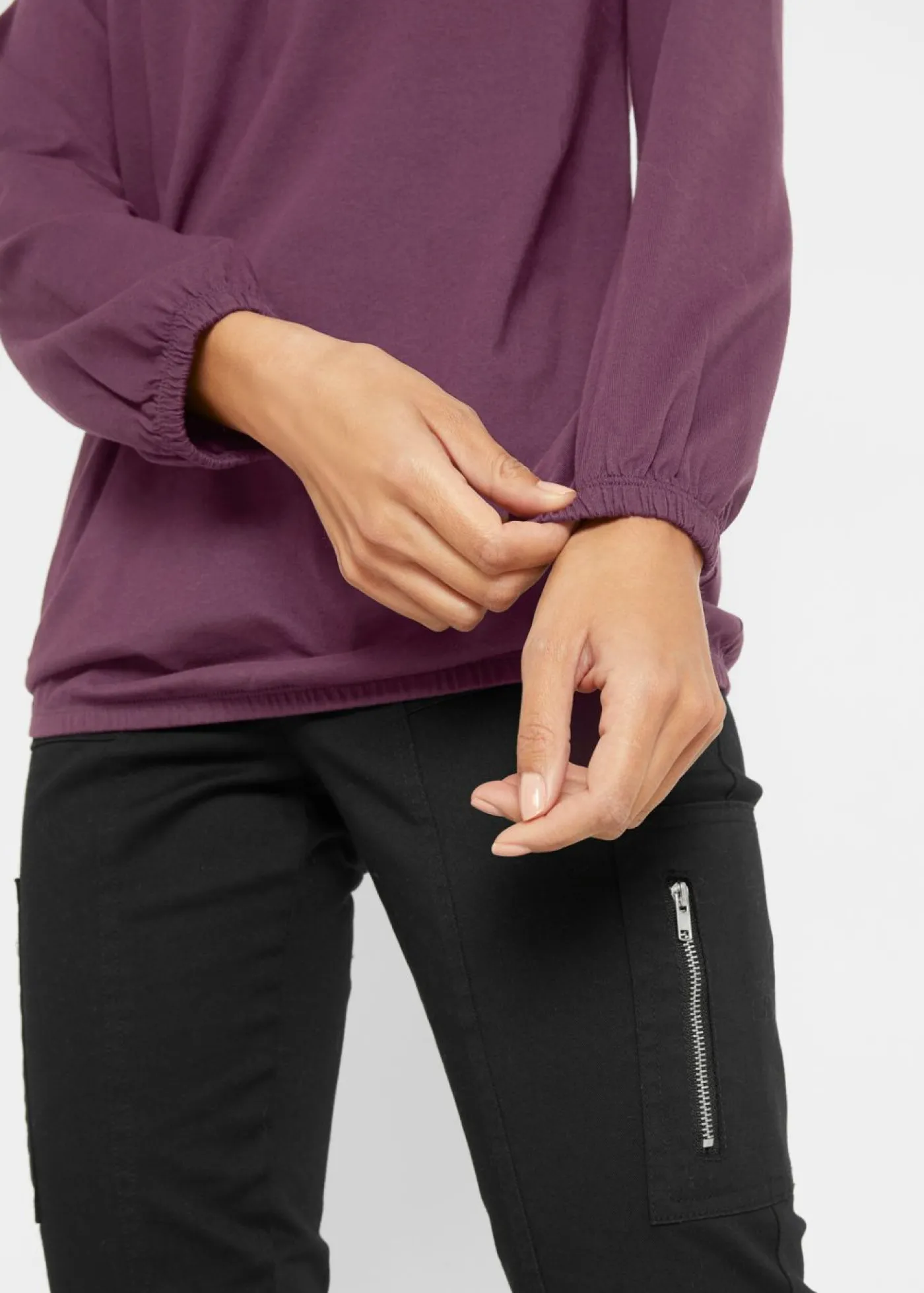 bonprix bonprix Camiseta de manga larga con elástico de algodón puro morado intenso Discount