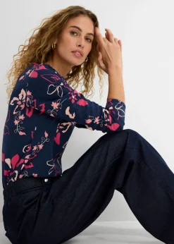 bonprix bonprix Camiseta de manga larga con estampado floral azul marino con flores Best