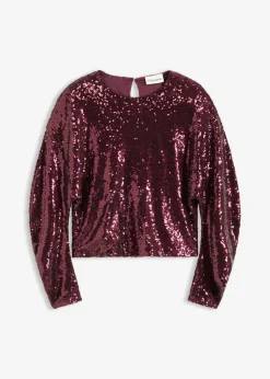 bonprix bonprix Camiseta de manga larga con lentejuelas rojo burdeos Online