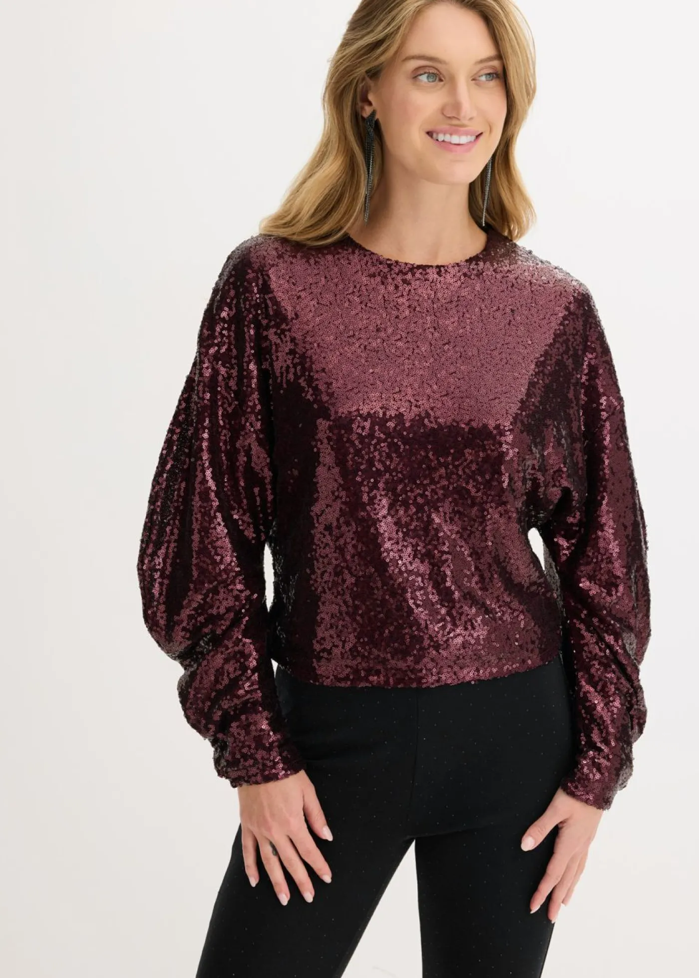 bonprix bonprix Camiseta de manga larga con lentejuelas rojo burdeos Online