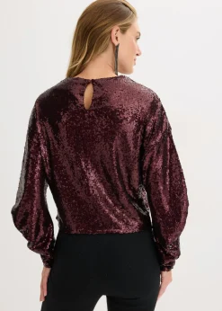 bonprix bonprix Camiseta de manga larga con lentejuelas rojo burdeos Online