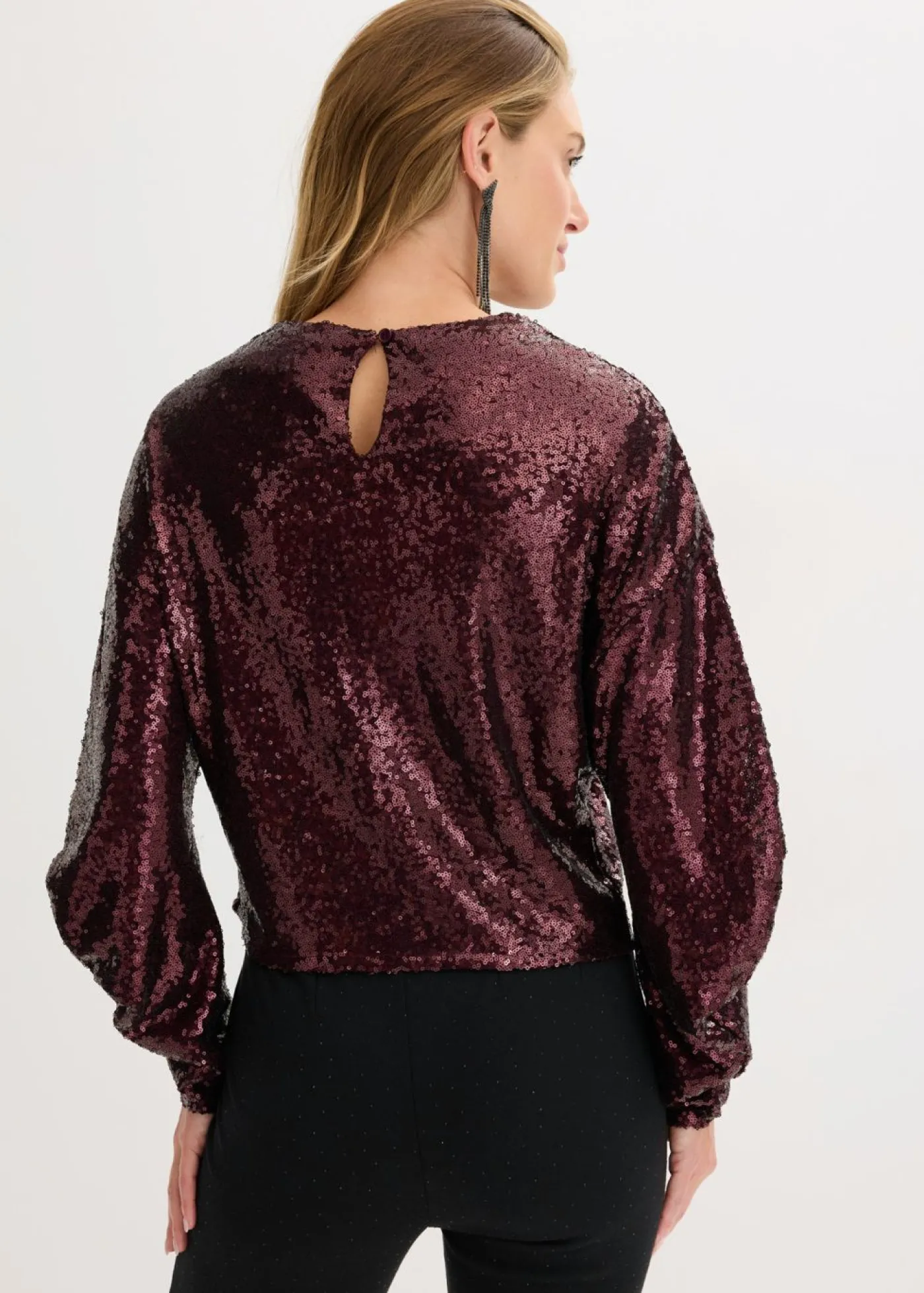 bonprix bonprix Camiseta de manga larga con lentejuelas rojo burdeos Online