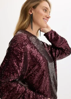 bonprix bonprix Camiseta de manga larga con lentejuelas rojo burdeos Online