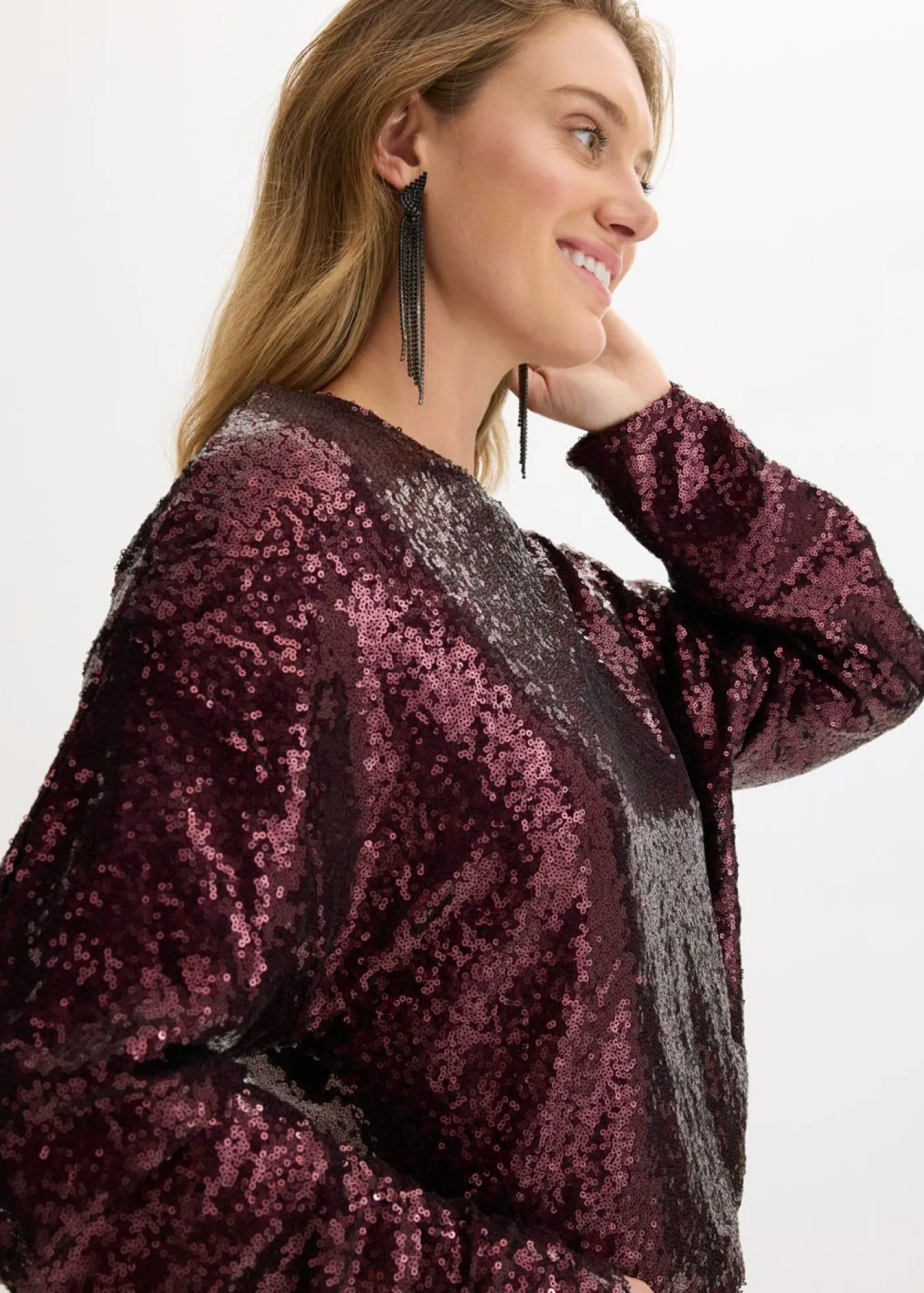 bonprix bonprix Camiseta de manga larga con lentejuelas rojo burdeos Online
