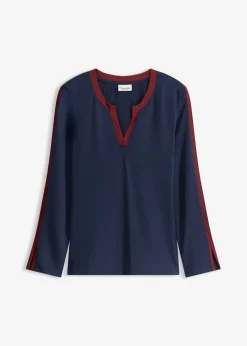 bonprix bonprix Camiseta de manga larga con abertura azul marino/rojo rubí New