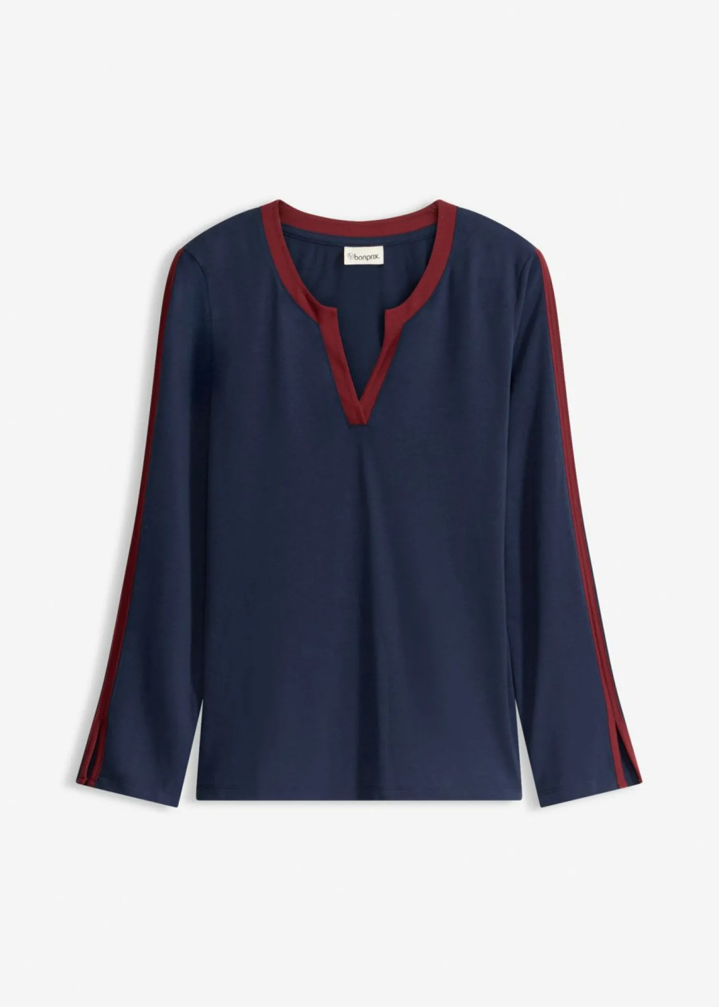 bonprix bonprix Camiseta de manga larga con abertura azul marino/rojo rubí New