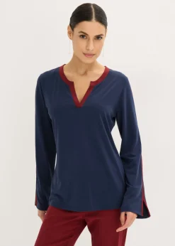 bonprix bonprix Camiseta de manga larga con abertura azul marino/rojo rubí New