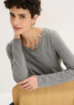 bonprix bonprix Camiseta de manga larga con ojales Gris jaspeado