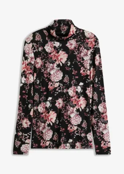 bonprix bonprix Camiseta de manga larga de suave mezcla de viscosa Negro con flores New
