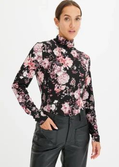 bonprix bonprix Camiseta de manga larga de suave mezcla de viscosa Negro con flores New