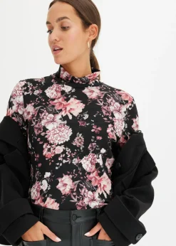 bonprix bonprix Camiseta de manga larga de suave mezcla de viscosa Negro con flores New