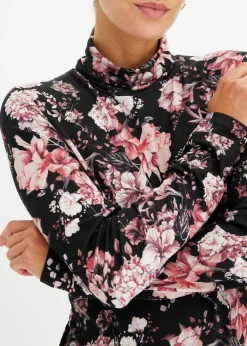 bonprix bonprix Camiseta de manga larga de suave mezcla de viscosa Negro con flores New