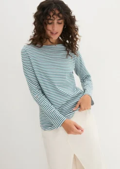 bonprix bonprix Camiseta de manga larga de algodón puro Verde-Blanco de rayas Discount