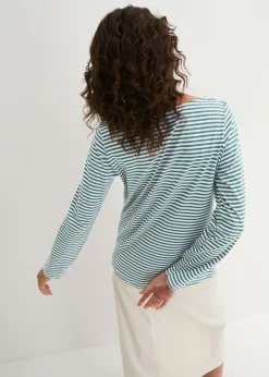bonprix bonprix Camiseta de manga larga de algodón puro Verde-Blanco de rayas Discount
