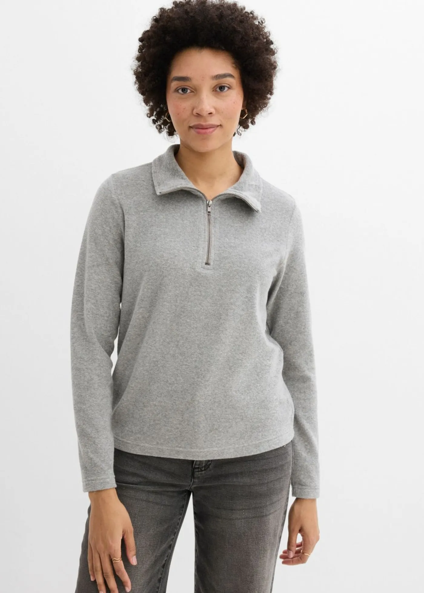 bonprix bonprix Camiseta de manga larga de felpa gris claro jaspeado moteado Sale