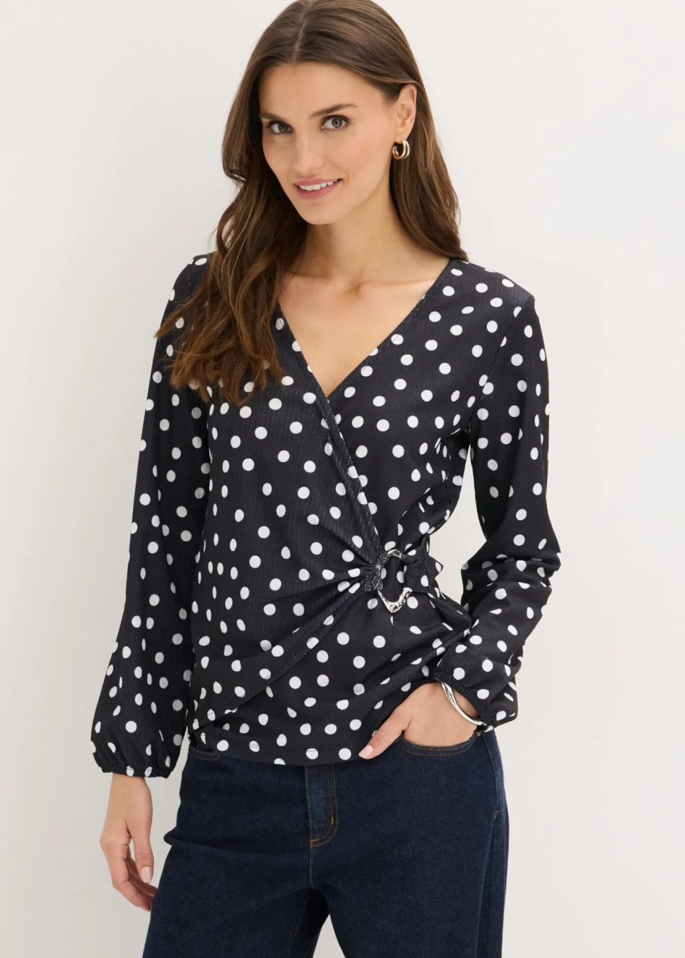 bonprix bonprix Camiseta de manga larga de punto estructurado negro - blanco topos Sale