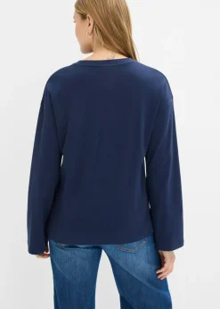 bonprix bonprix Camiseta de manga larga de algodón pesado Azul marino + blanco lana Sale