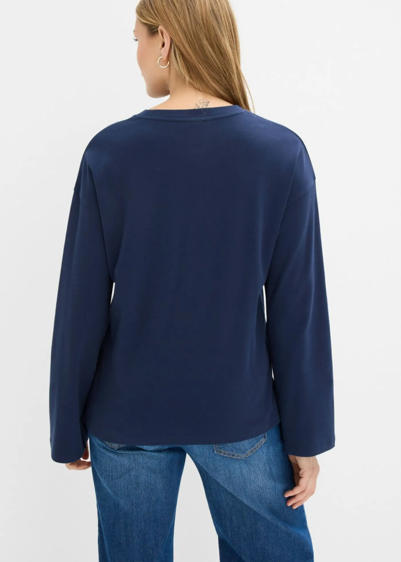 bonprix bonprix Camiseta de manga larga de algodón pesado Azul marino + blanco lana Sale