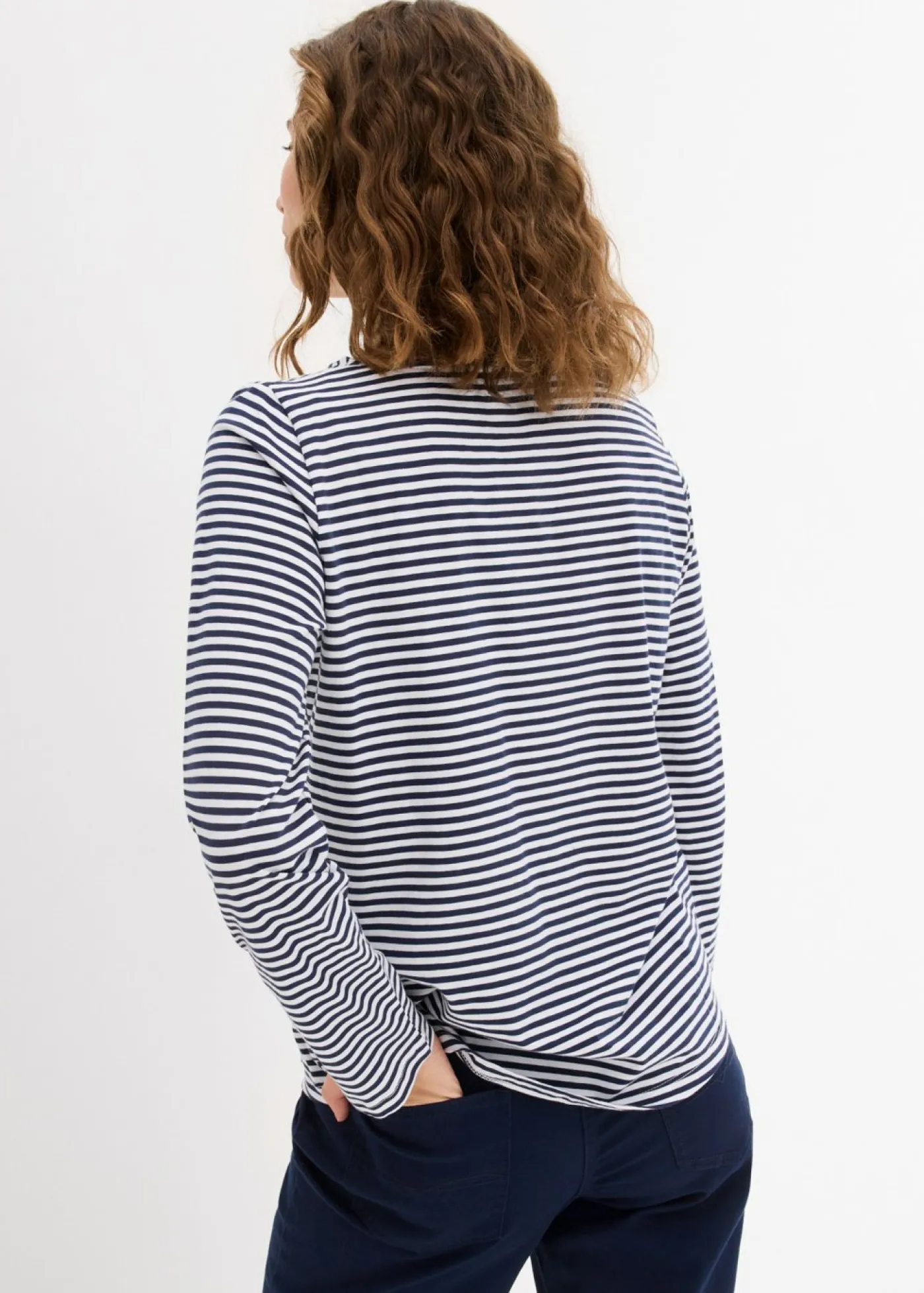 bonprix bonprix Camiseta de manga larga de algodón puro Azul marino-blanco de rayas Online