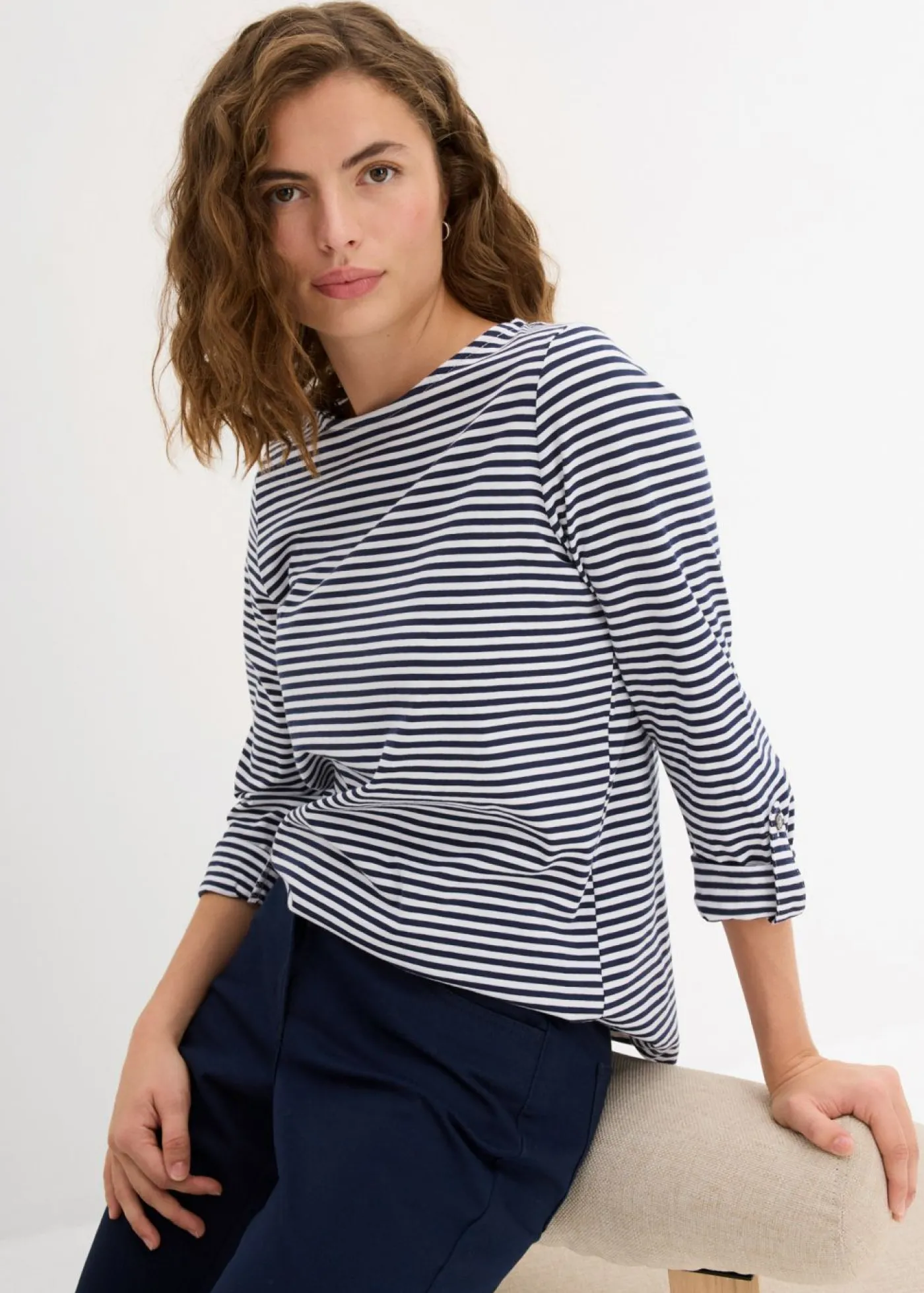 bonprix bonprix Camiseta de manga larga de algodón puro Azul marino-blanco de rayas Online