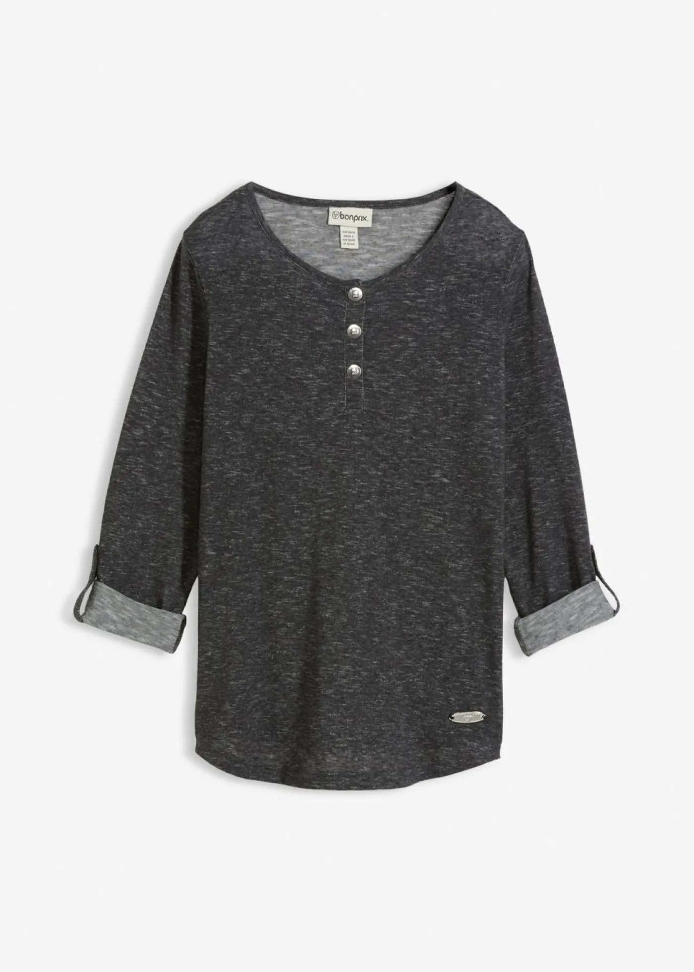 bonprix bonprix Camiseta de mezcla de algodón con manga larga y botones Antracita jaspeado New