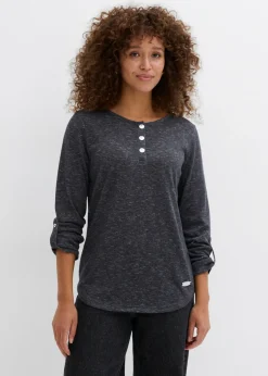 bonprix bonprix Camiseta de mezcla de algodón con manga larga y botones Antracita jaspeado New