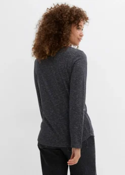bonprix bonprix Camiseta de mezcla de algodón con manga larga y botones Antracita jaspeado New
