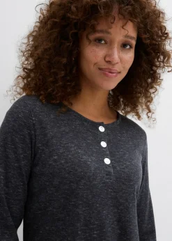 bonprix bonprix Camiseta de mezcla de algodón con manga larga y botones Antracita jaspeado New