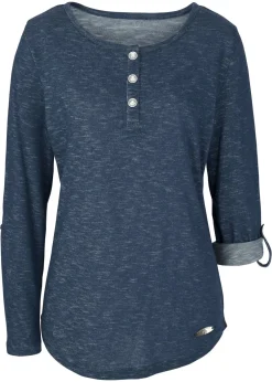 bonprix bonprix Camiseta de mezcla de algodón con manga larga y botones Azul marino jaspeado Outlet