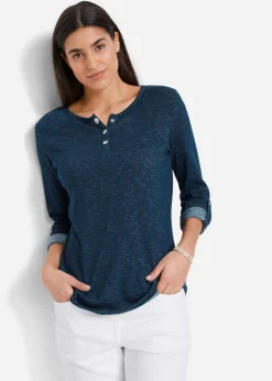 bonprix bonprix Camiseta de mezcla de algodón con manga larga y botones Azul marino jaspeado Outlet