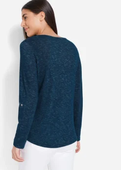 bonprix bonprix Camiseta de mezcla de algodón con manga larga y botones Azul marino jaspeado Outlet