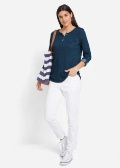 bonprix bonprix Camiseta de mezcla de algodón con manga larga y botones Azul marino jaspeado Outlet