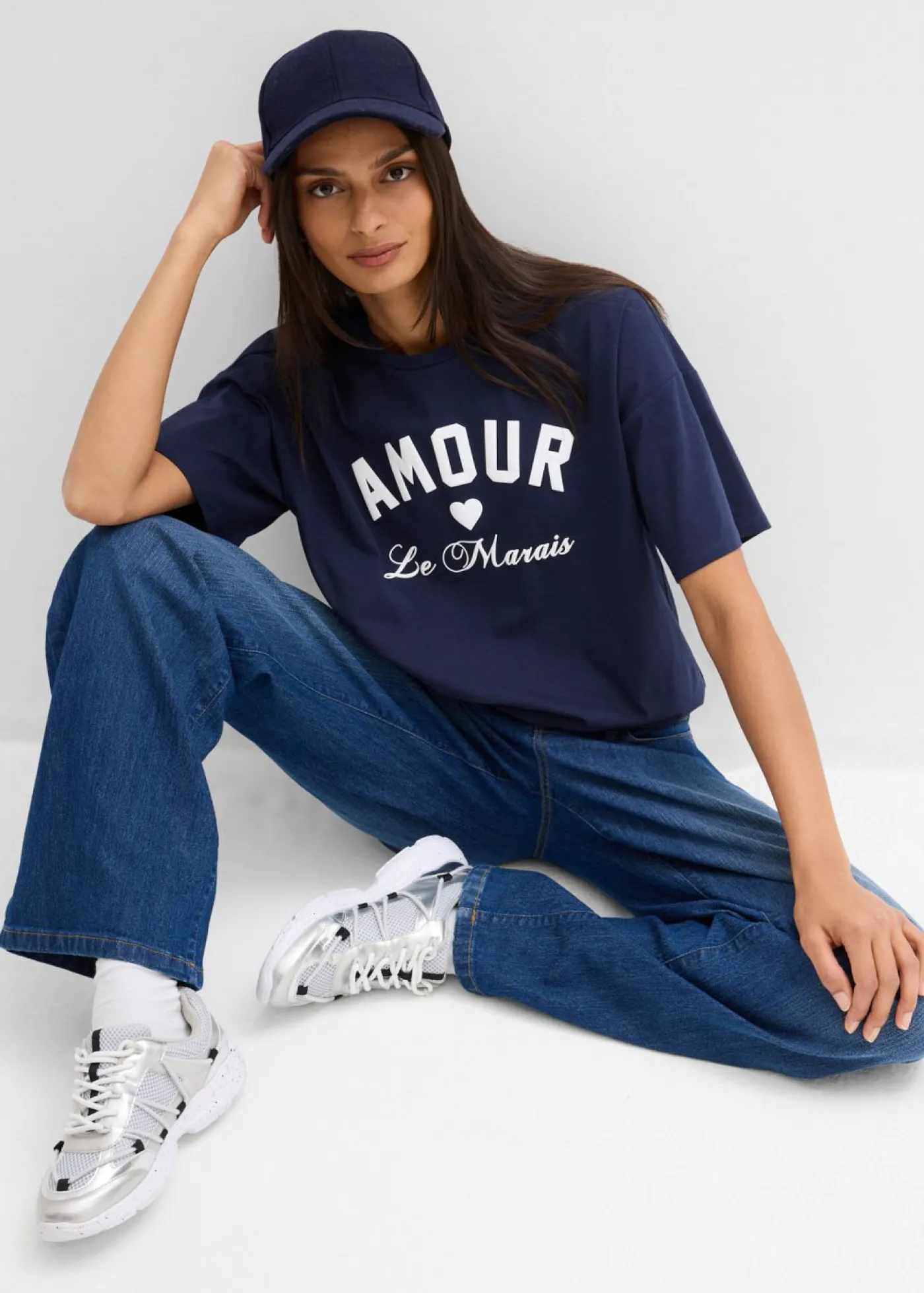bonprix bonprix Camiseta de mezcla de algodón elástico Azul marino-blanco Online