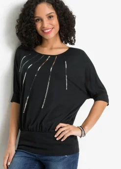 bonprix bonprix Camiseta de mezcla de viscosa fluida Negro metalizado Online