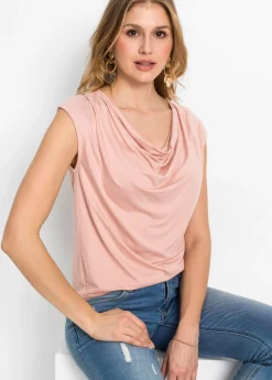 bonprix bonprix Camiseta de mezcla de viscosa con escote en cascada Rosa vintage Outlet
