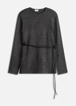 bonprix bonprix Camiseta de punto con contenido de lana y lazo de piel sintética antracita jaspeado moteado New