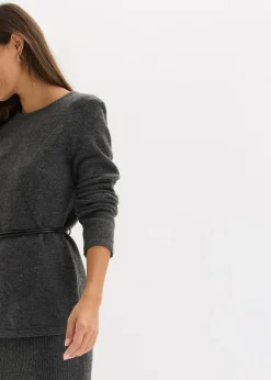 bonprix bonprix Camiseta de punto con contenido de lana y lazo de piel sintética antracita jaspeado moteado New