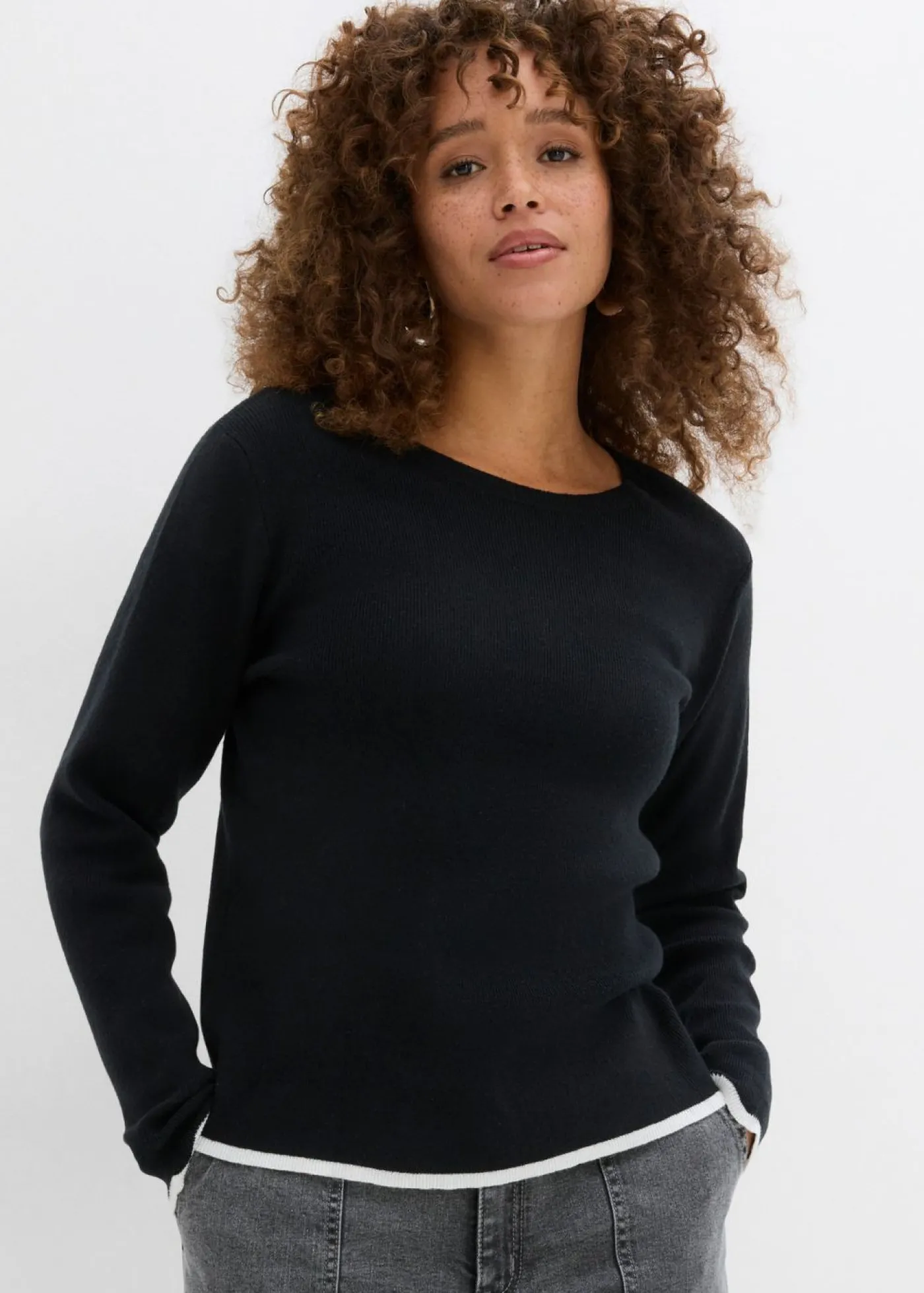bonprix bonprix Camiseta de punto con dobladillo en contraste Negro-blanco Best