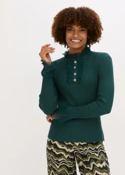 bonprix bonprix Camiseta de punto fino con volantes de gasa Verde intenso