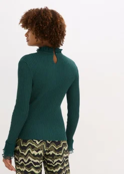 bonprix bonprix Camiseta de punto fino con volantes de gasa Verde intenso