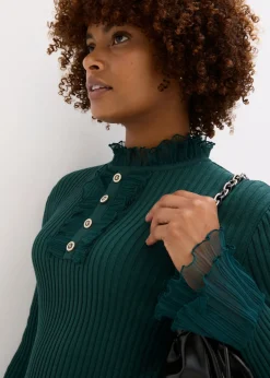 bonprix bonprix Camiseta de punto fino con volantes de gasa Verde intenso