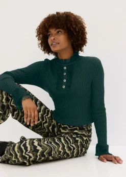 bonprix bonprix Camiseta de punto fino con volantes de gasa Verde intenso