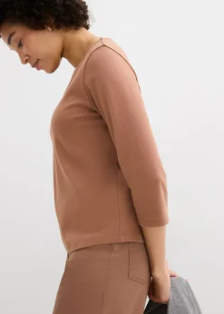 bonprix bonprix Camiseta de punto grueso de algodón orgánico puro con mangas 3/4 Marrón castaño