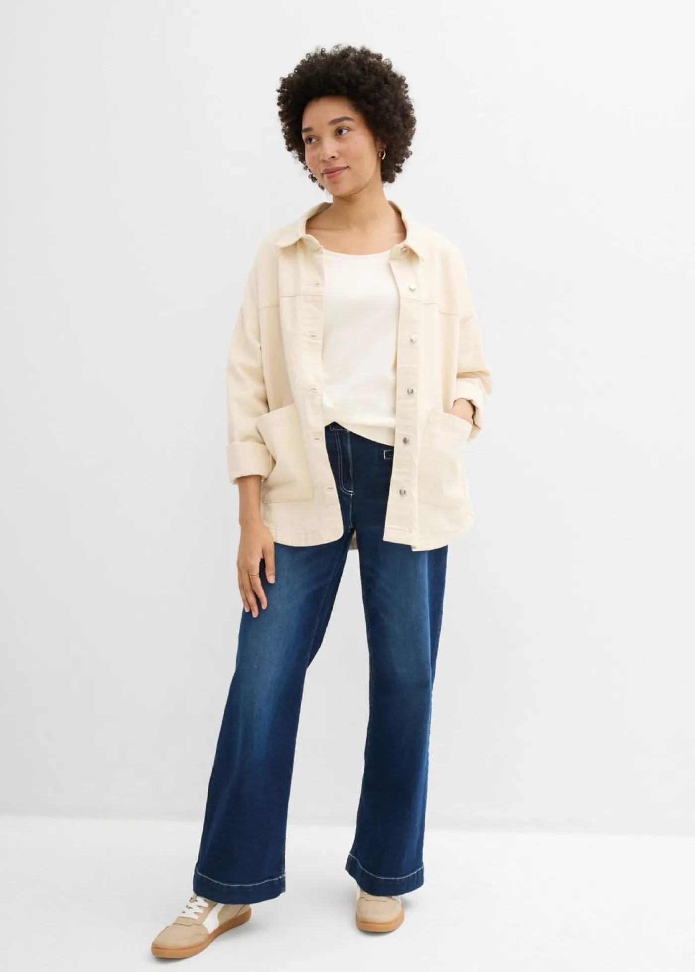bonprix bonprix Camiseta de punto grueso de algodón orgánico puro con mangas 3/4 blanco perla Online